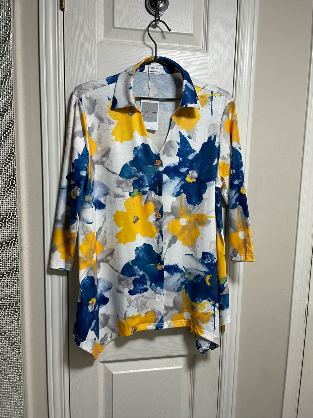 Floral-Print White Button-Down Shirt with Blue & Yellow Blooms